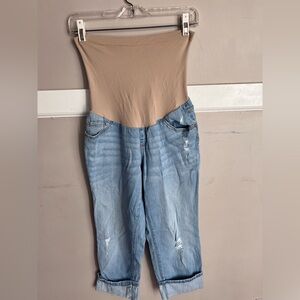 Indigo Blue Light Wash and Tan Maternity Jeans.